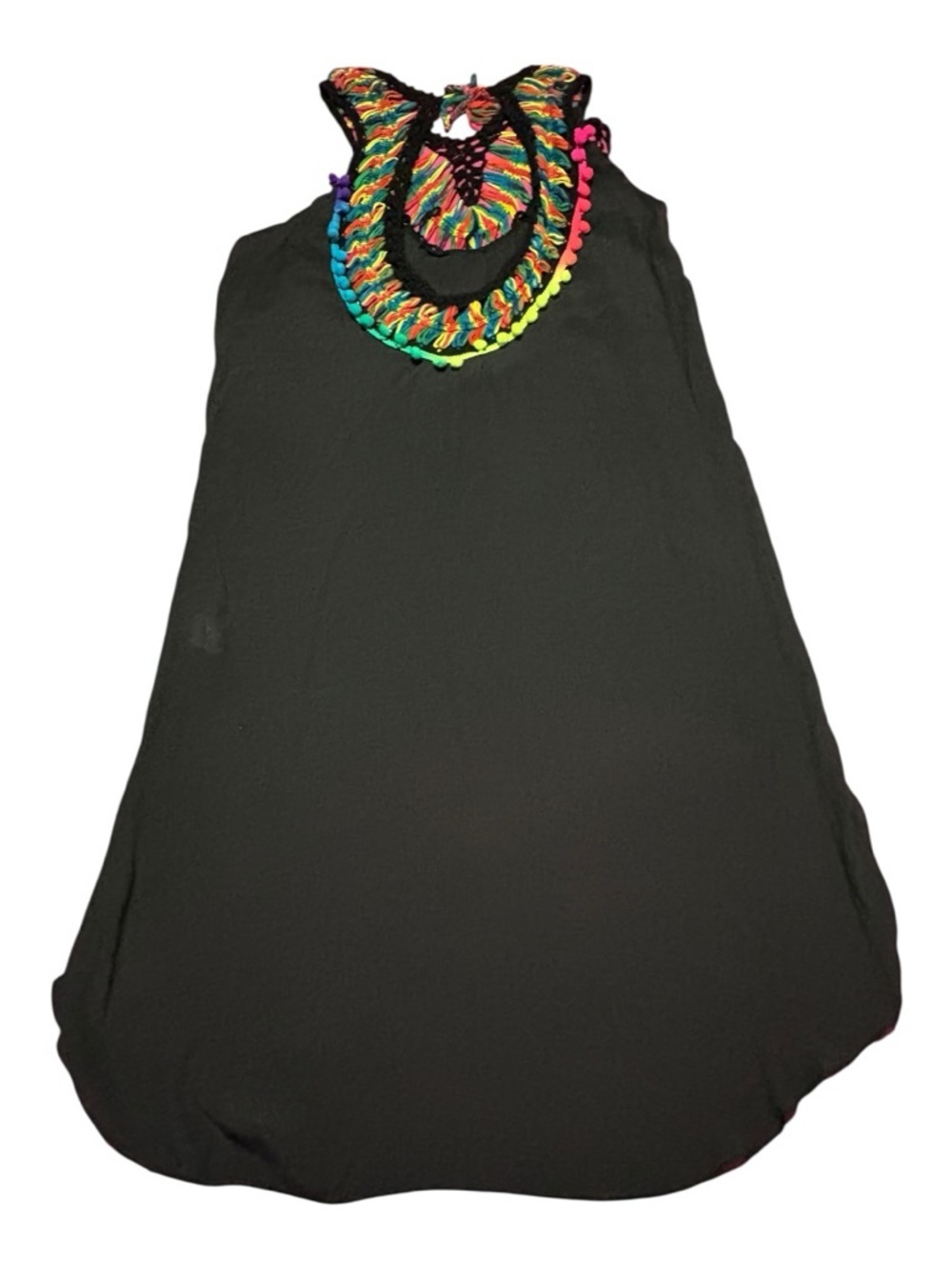 Black Tank Dress with Multicolor Crochet Neckline. Hi-Low pattern.